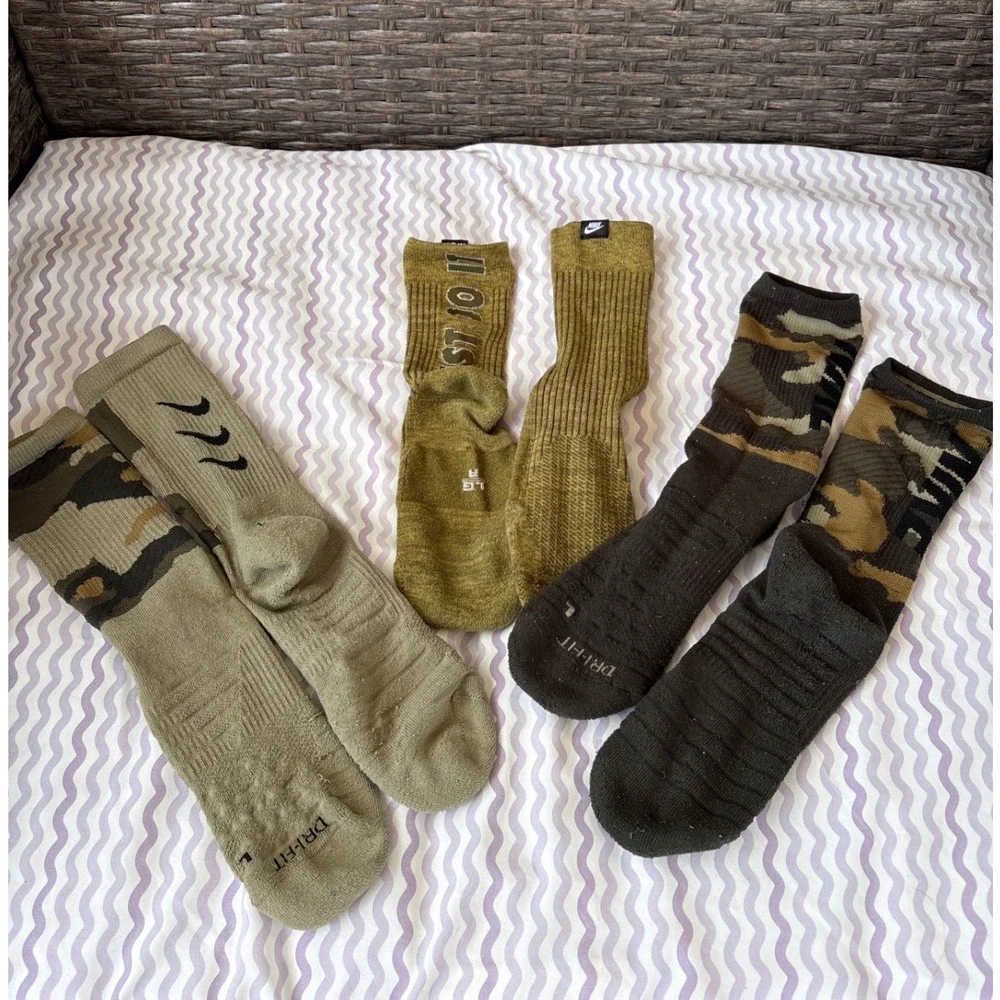 Nike Mens Dri-FIT Crew Socks 3 Pair Bundle Camo Olive Green Just Do It Large